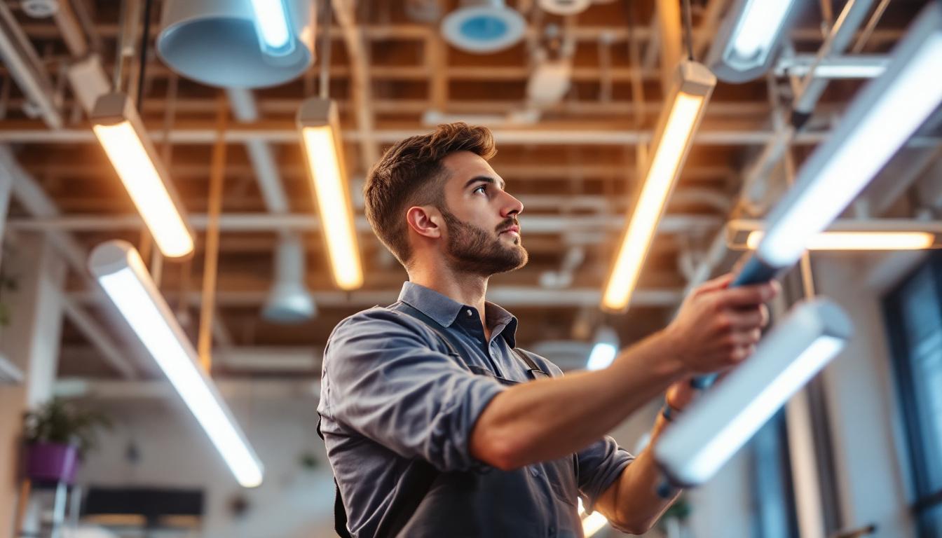 A photograph of a well-lit workspace featuring various fluorescent light fixtures in use