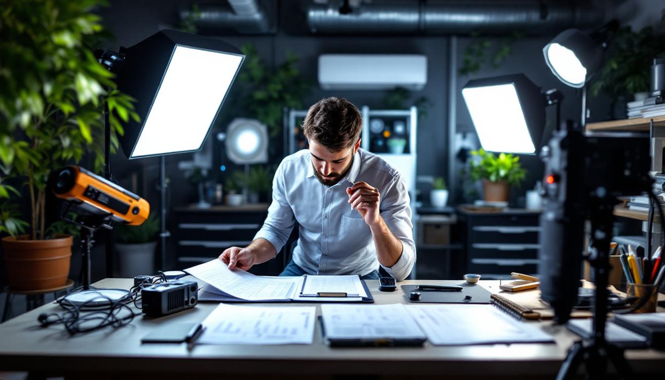 A photograph of a well-organized workspace featuring a lighting engineer reviewing a checklist alongside various led lights and equipment