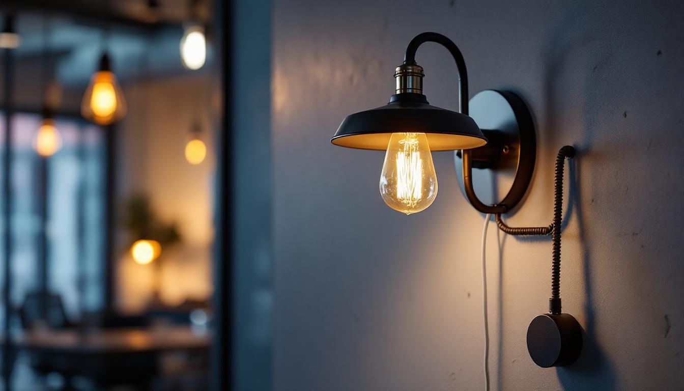 A photograph of a stylish industrial wall light fixture in a modern workspace
