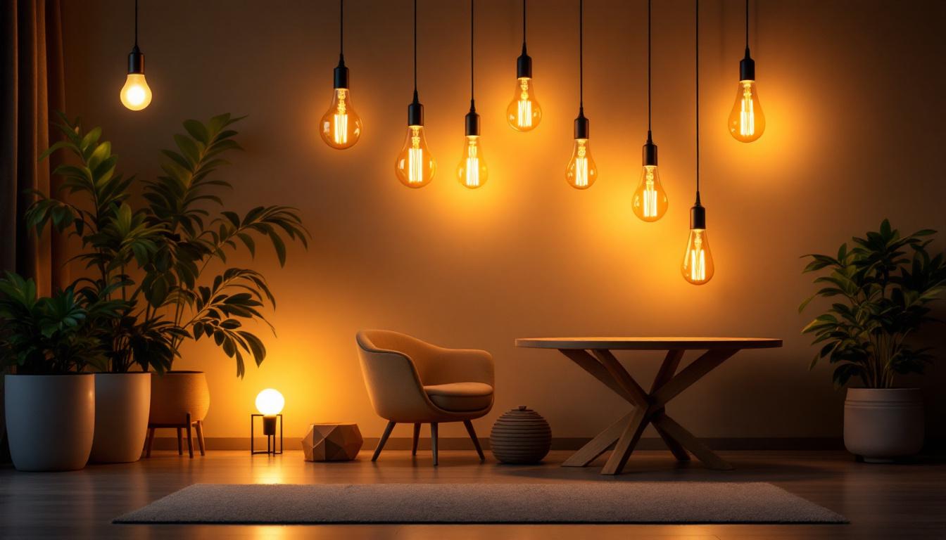 A photograph of a stylish interior space illuminated by various led long light bulbs