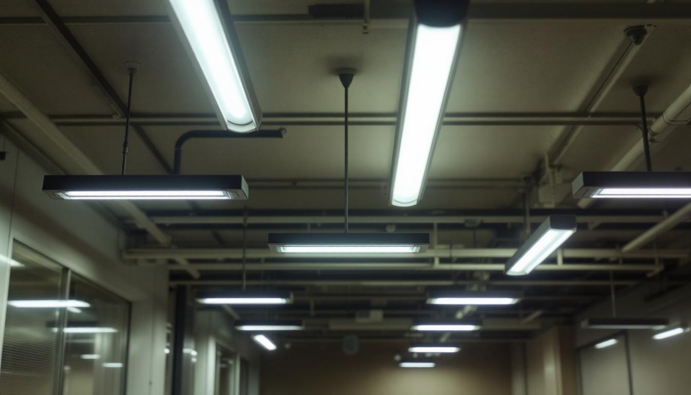 A photograph of a well-lit interior space showcasing various fluorescent light fixtures in use
