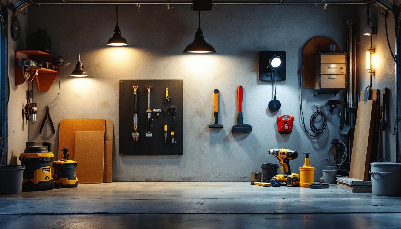 A photograph of a well-lit garage wall showcasing various lighting options