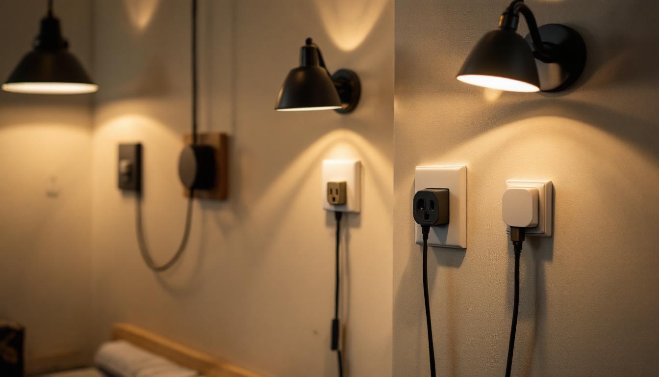 A photograph of a well-lit interior space showcasing various types of electrical outlets and receptacles in use