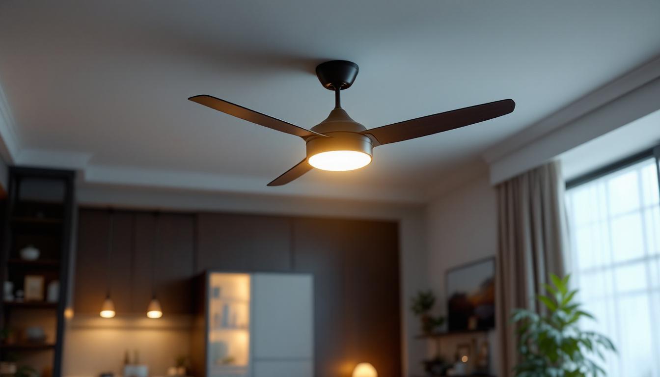 A photograph of a modern ceiling fan with an integrated light fixture