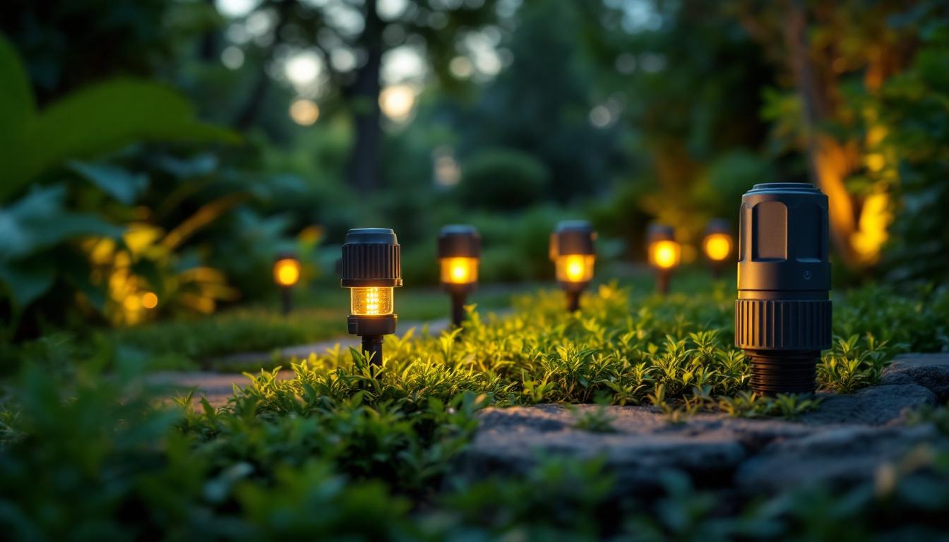A photograph of a close-up of various waterproof landscape lighting connectors installed in a beautifully illuminated outdoor setting