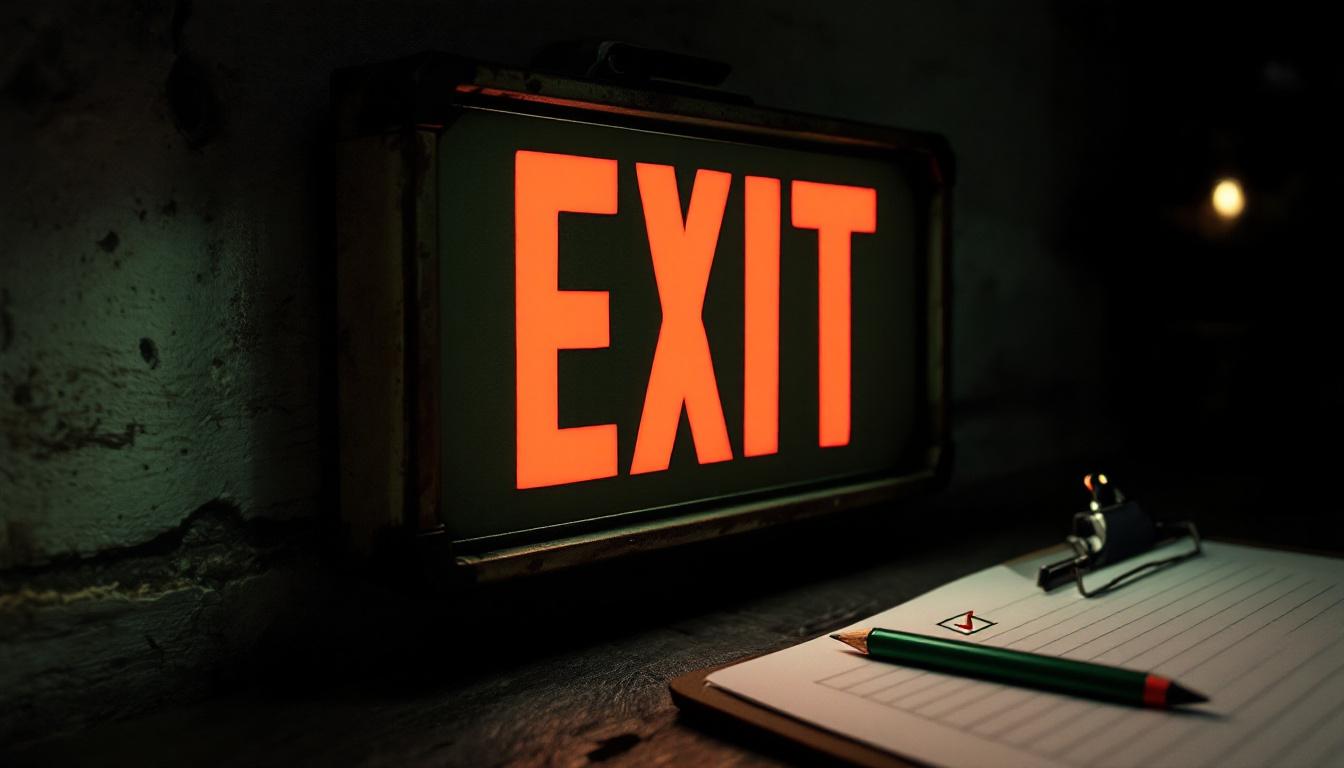 A photograph of a vintage-style exit sign illuminated in a dimly lit environment