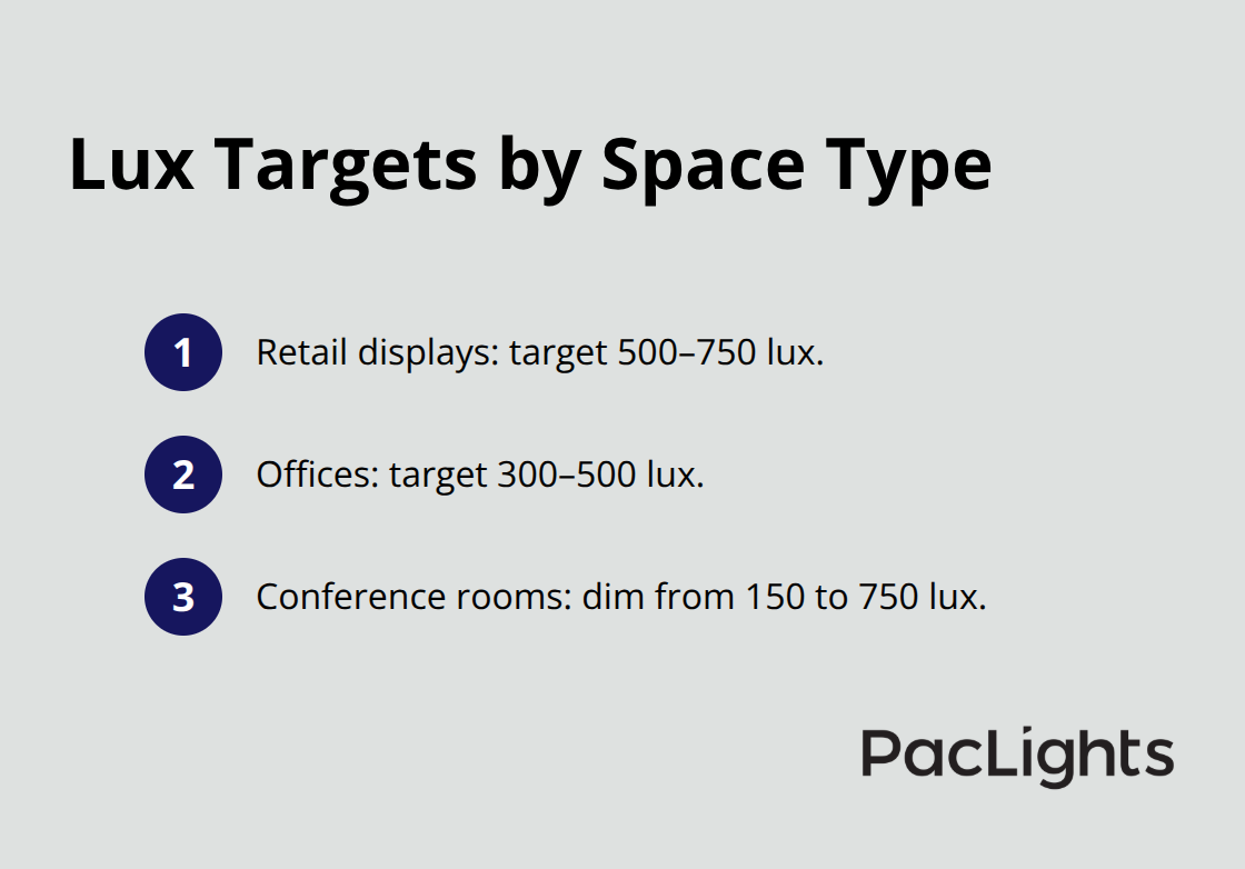 Compact list of recommended lux levels for retail, office, and conference rooms. - architectural linear lighting