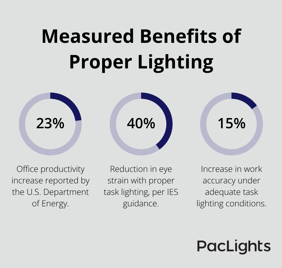 Percentage chart showing productivity and human-factor gains from proper lighting levels. - architectural linear lighting