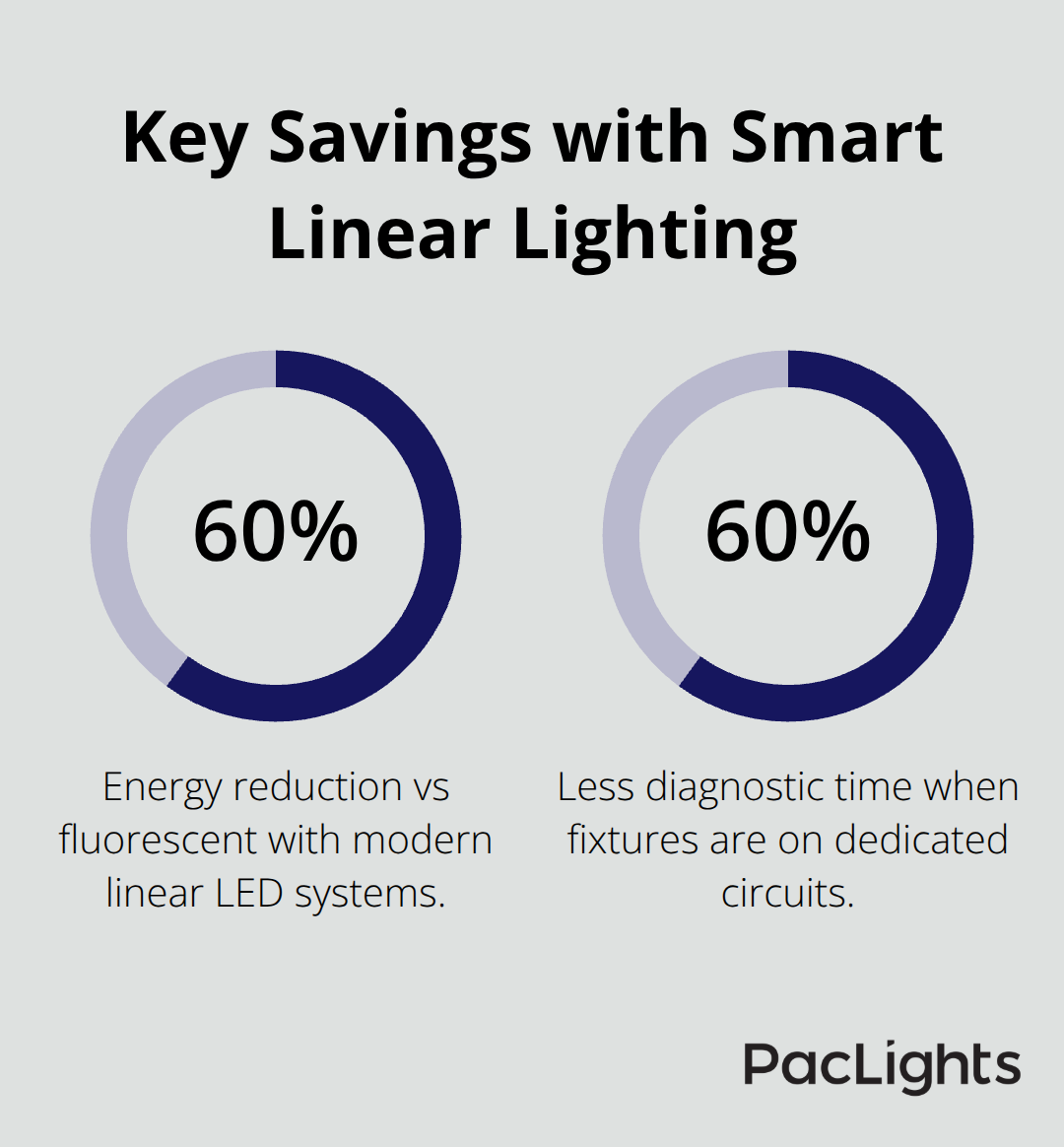 Percentage highlights: energy reduction with LEDs and faster troubleshooting from circuit organization. - architectural linear lighting