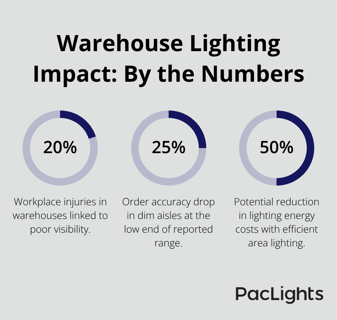Key percentages showing how lighting affects safety, accuracy, and energy costs in U.S. warehouses - area light for racks