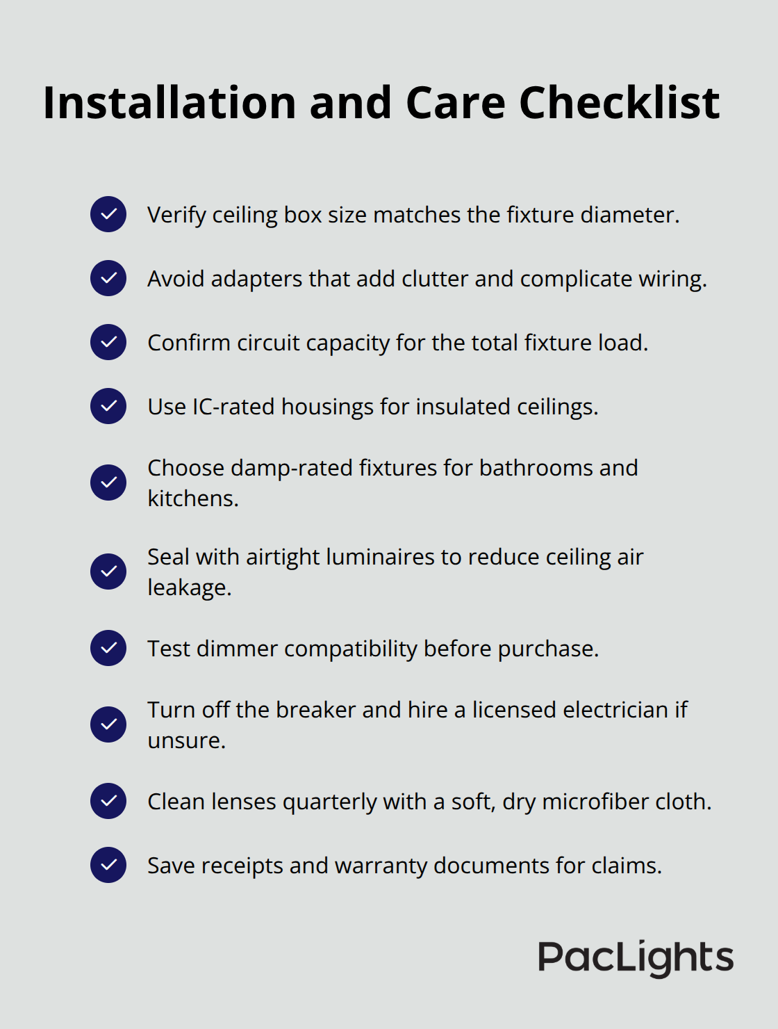 Checkmark list of key steps for installing and maintaining flush mount downlights.