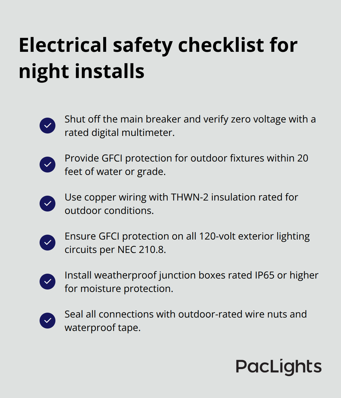 Concise electrical safety checklist for U.S. nighttime lighting installations - building lights at night