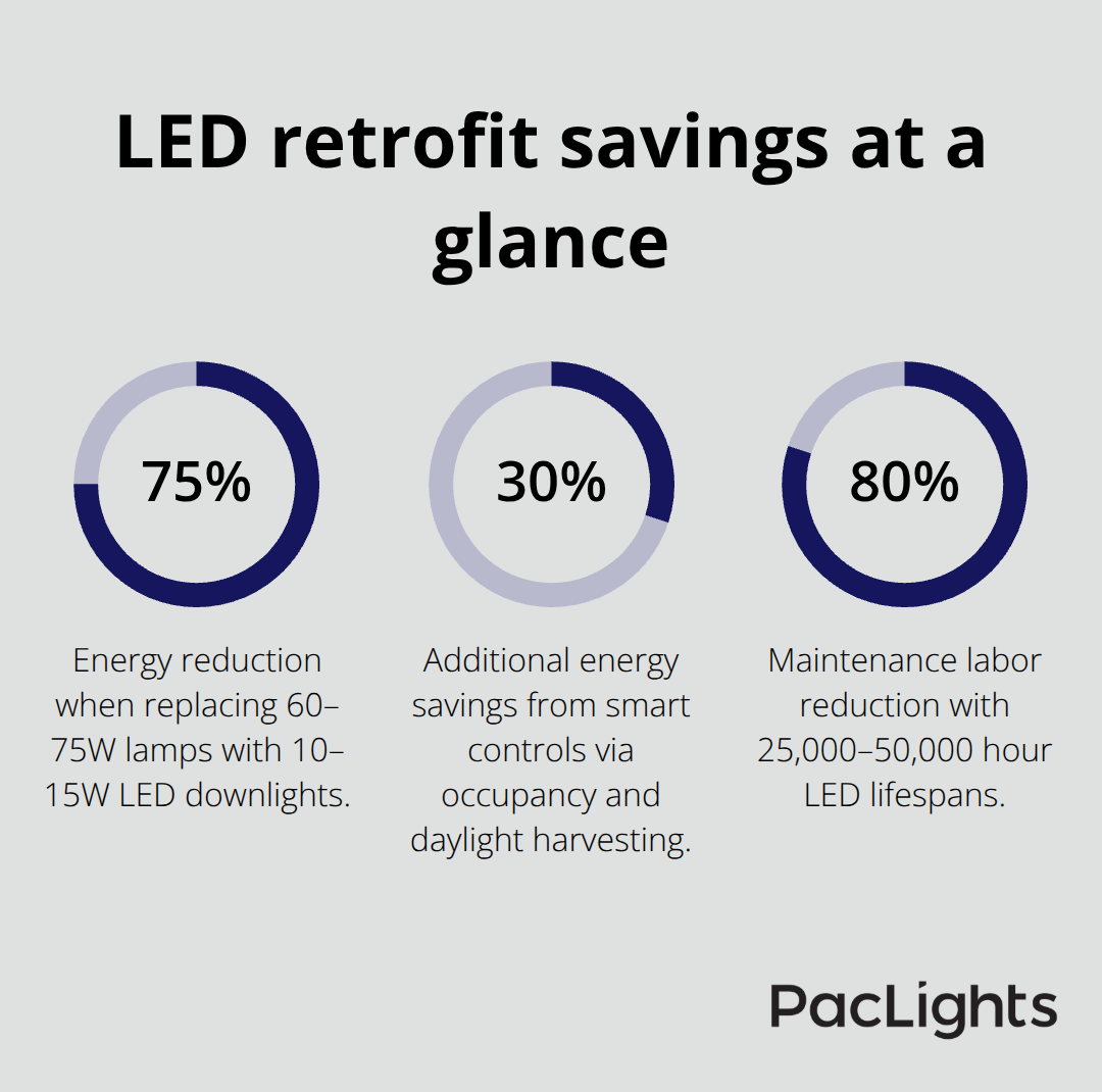 Percentage chart showing key LED retrofit savings and maintenance reductions