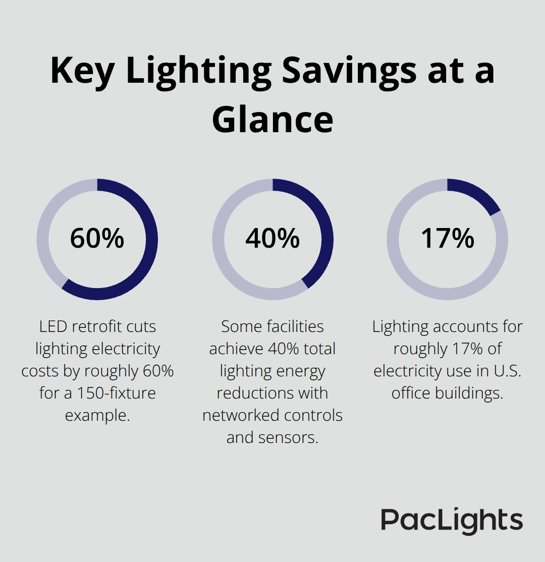 Percentage chart highlighting 60 percent LED cost reduction, 40 percent savings with controls, and 17 percent share of office electricity used by lighting.
