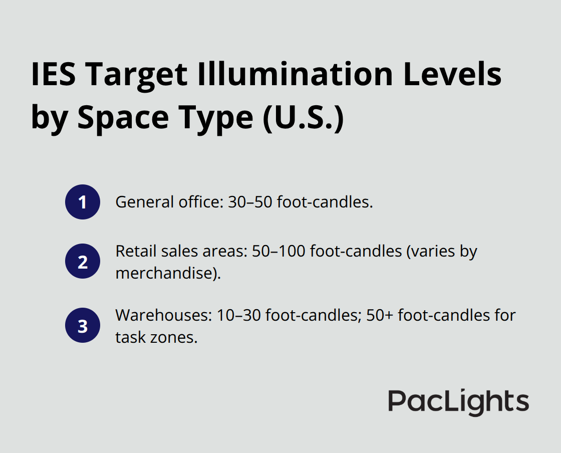 Quick reference of recommended foot-candle ranges by space type - Commercial downlight spacing guide