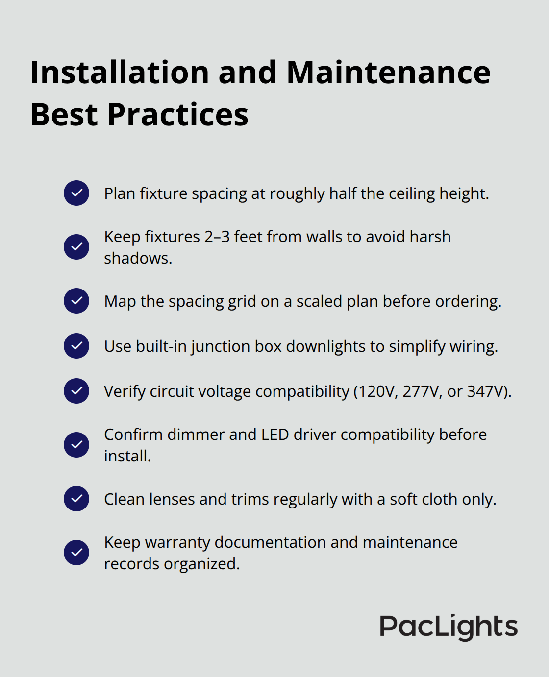 Checklist of spacing, electrical, cleaning, and documentation steps for commercial downlights. - commercial downlights guide