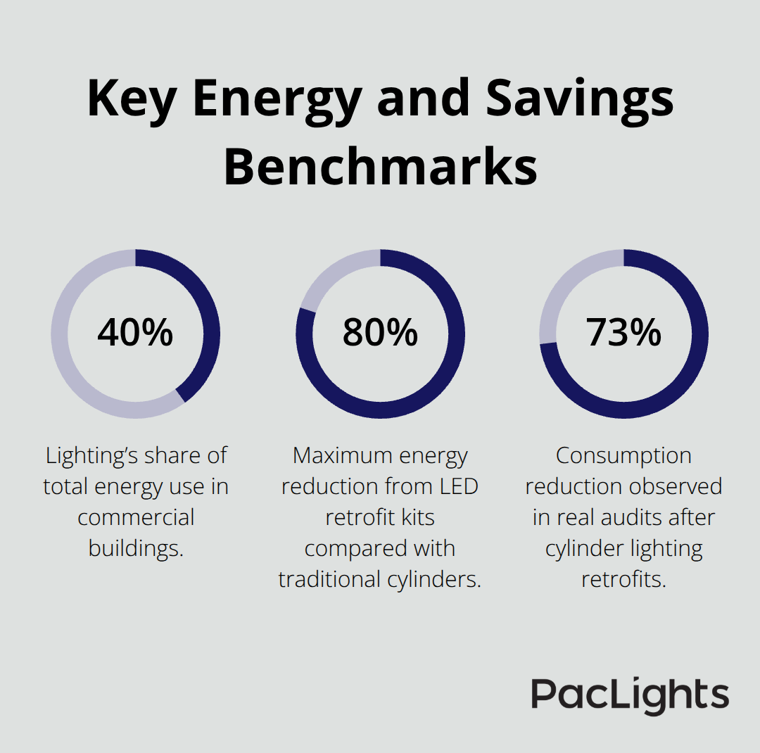 Percentages showing lighting’s share of energy use, LED savings potential, and audited reductions after retrofits - cylinder lighting retrofit guide