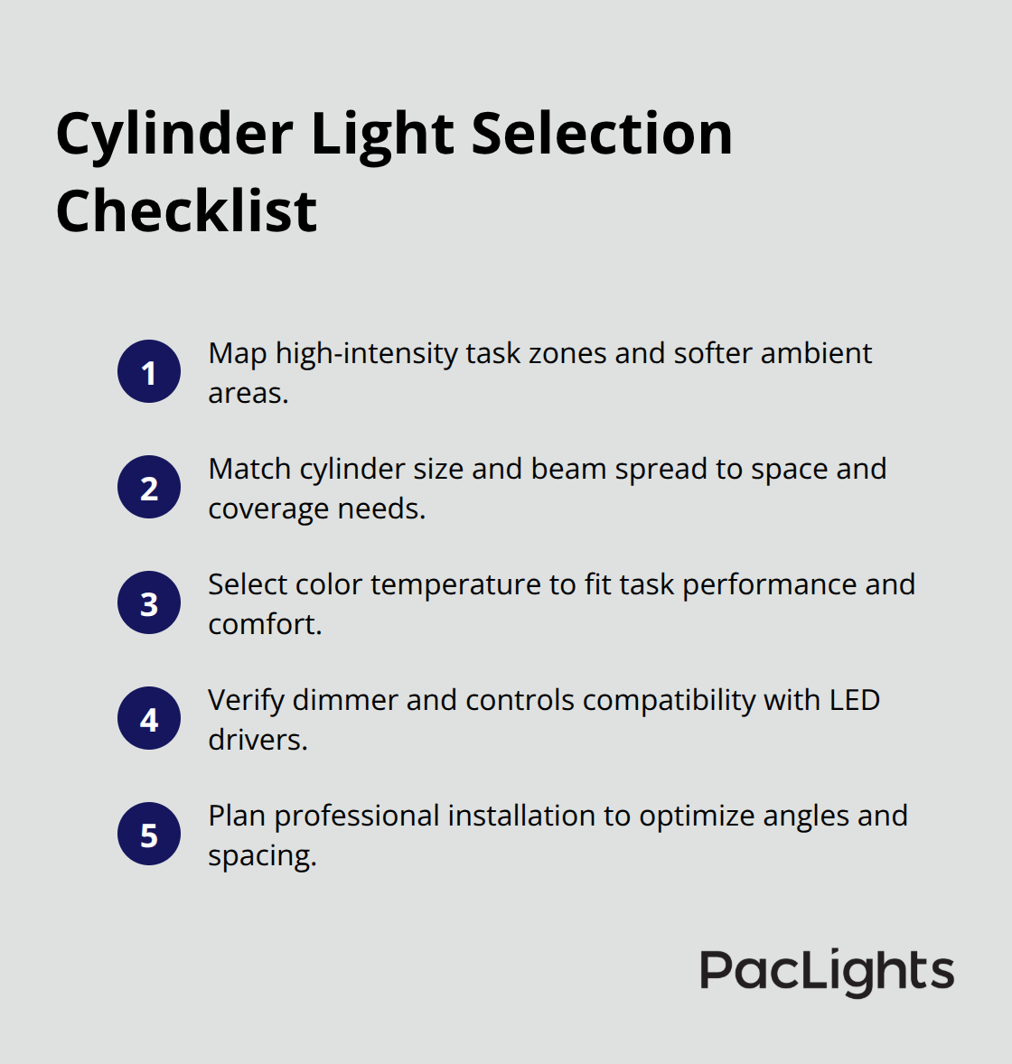 Compact checklist of steps to select office cylinder lighting.