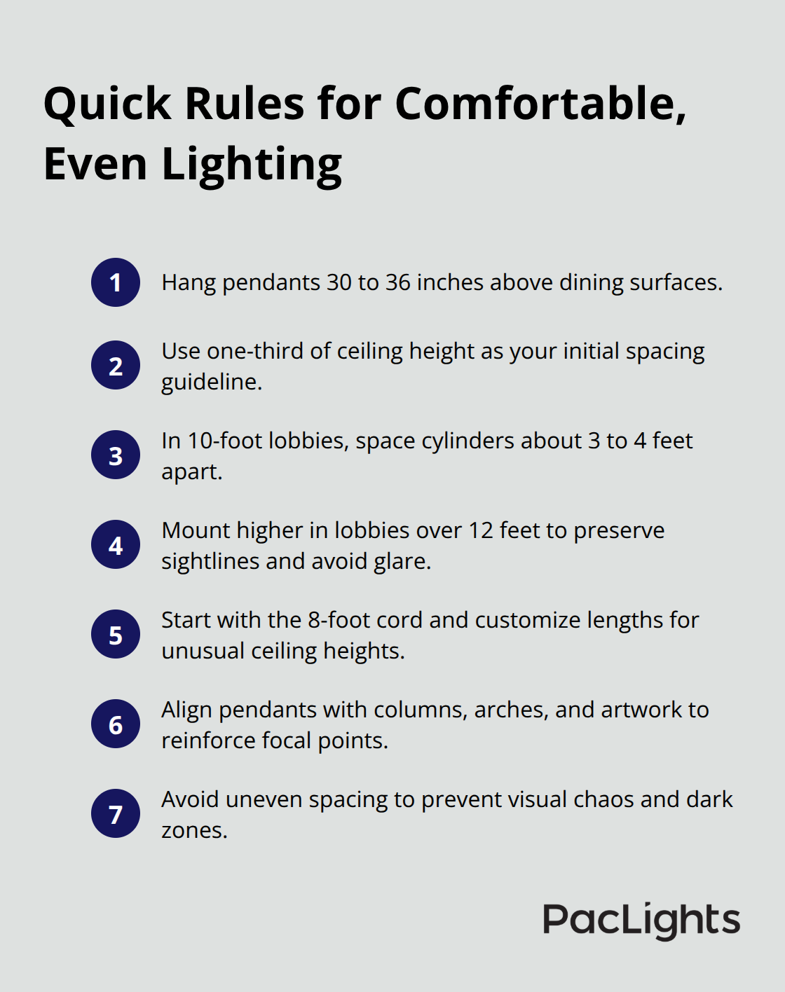 Compact list of mounting heights, spacing guidance, and coordination tips for cylinder pendants - cylinder pendant lights hospitality