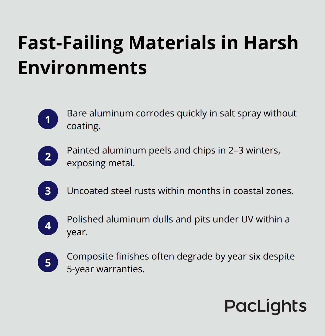 List of materials and finishes that degrade quickly outdoors in coastal or high-UV environments. - Cylinder wall finishes