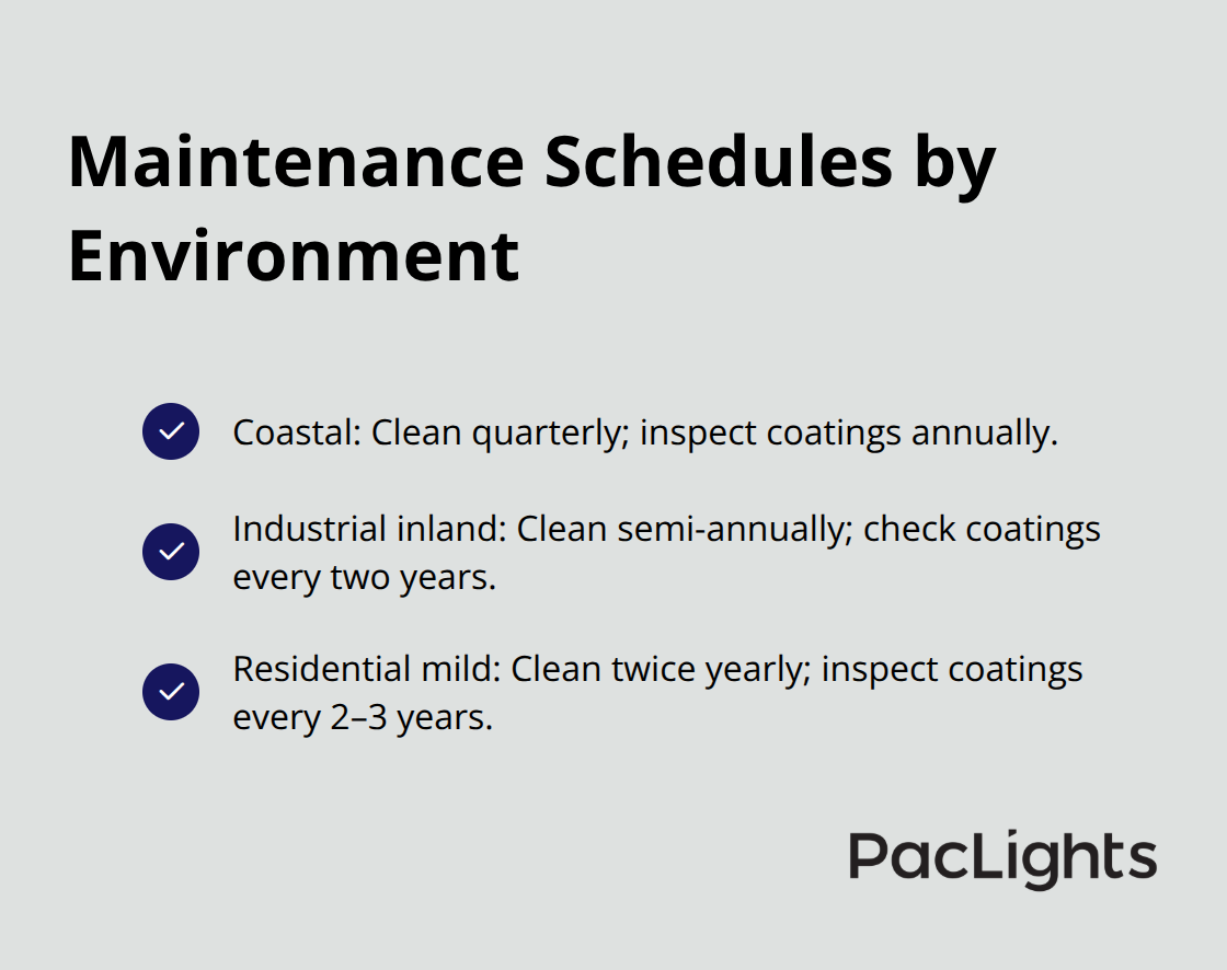 Checkmark list of recommended cleaning and inspection intervals for different environments.