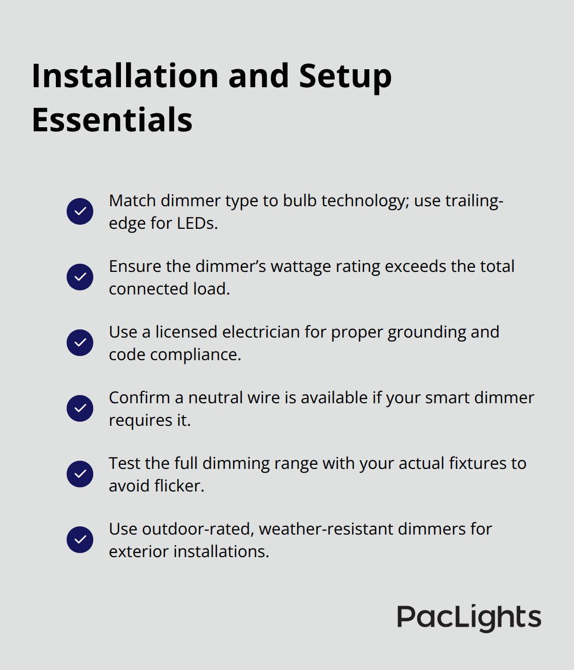 Checklist of key steps for safe, code-compliant dimmer installations on cylinder wall lights. - cylinder wall lights dimmers