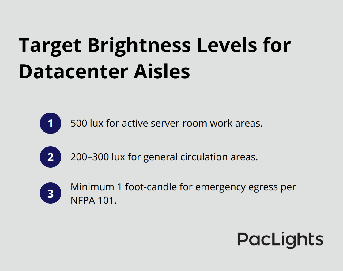 Compact list highlighting 500 lux for active work areas, 200–300 lux for circulation, and 1 foot-candle for emergency egress.