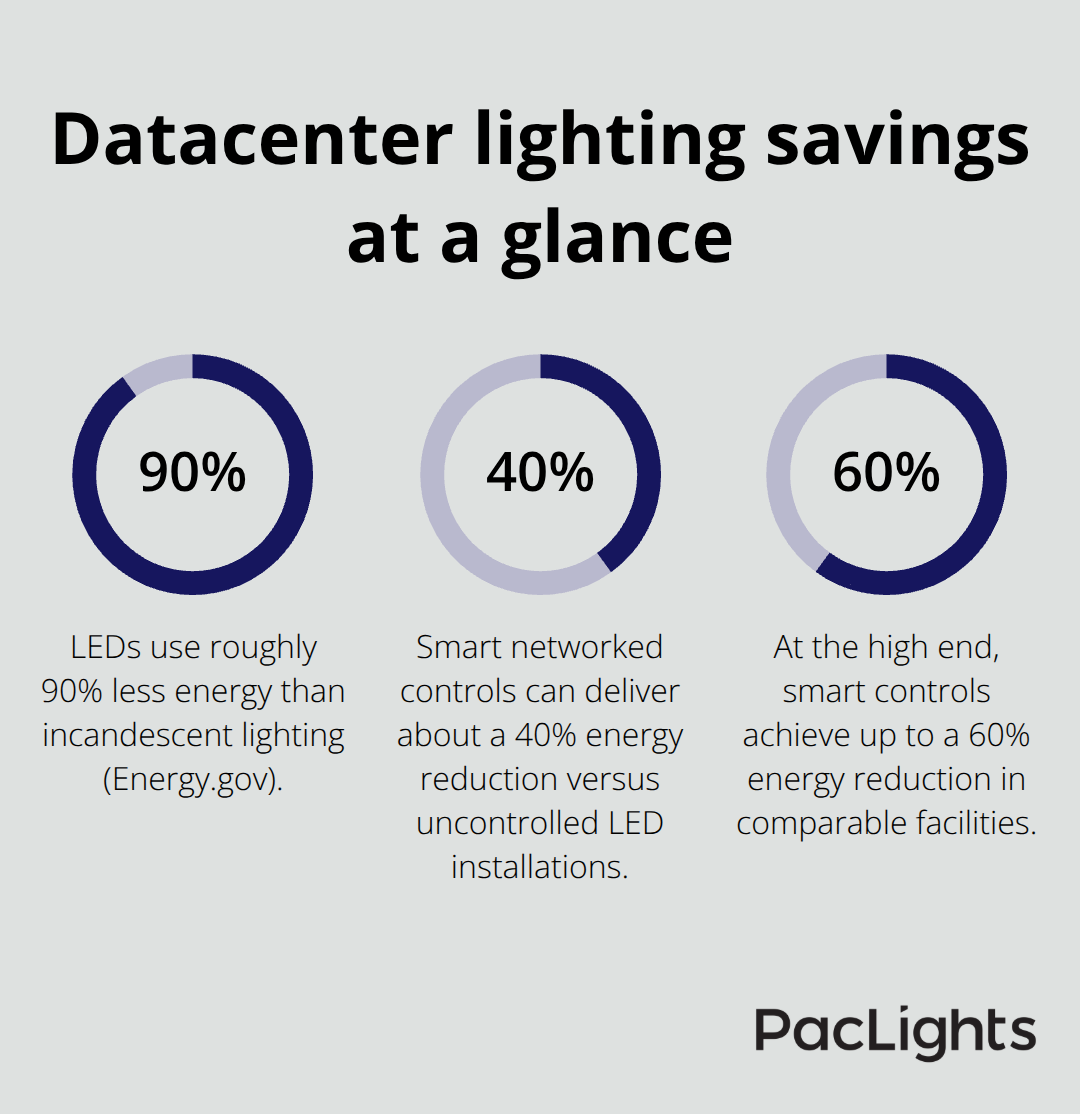 Key percentage-based energy savings from LED lighting and smart controls in U.S. datacenters