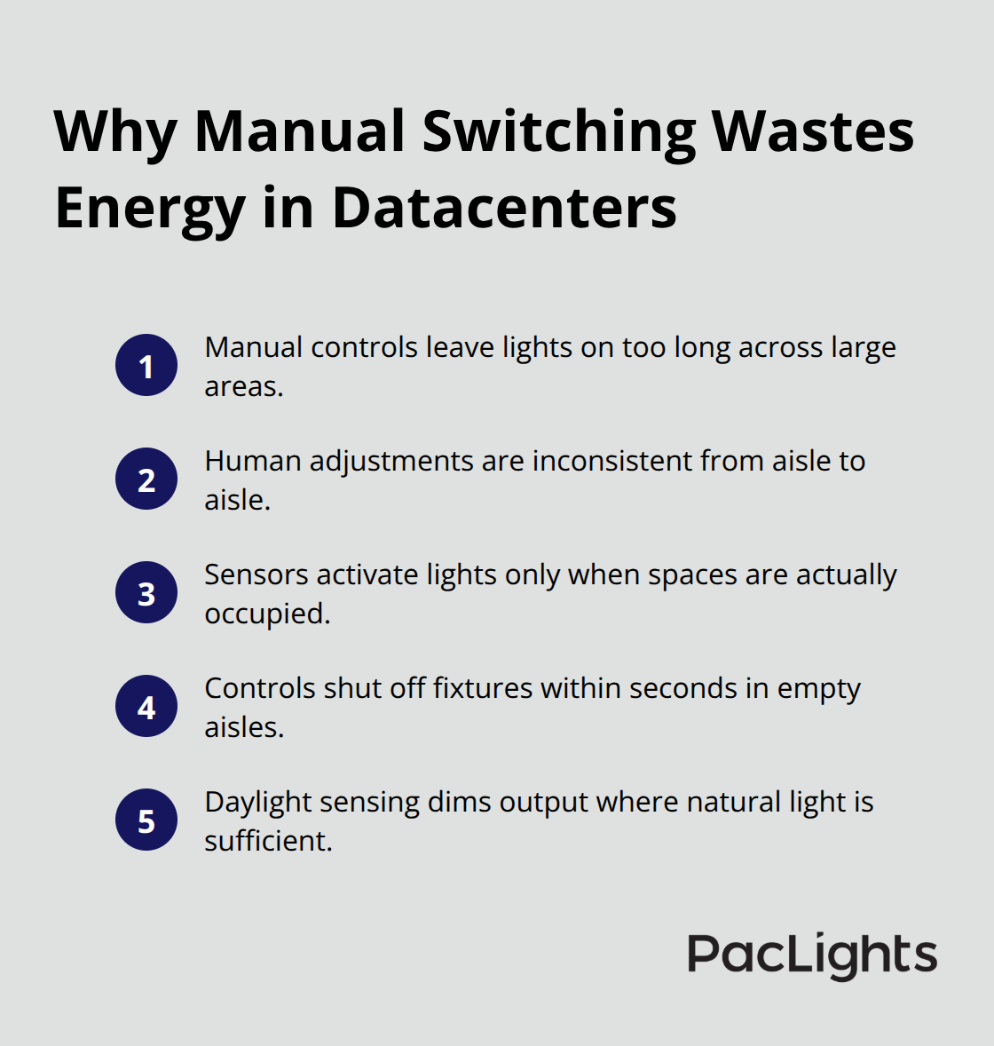 Five concise reasons automated lighting controls outperform manual switching - Datacenter lighting controls guide