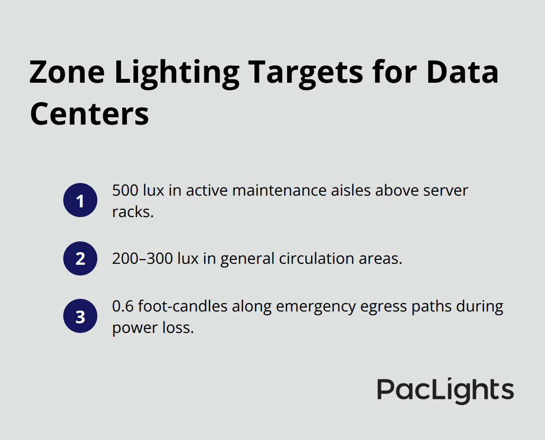 Compact list showing lighting targets: 500 lux for maintenance aisles, 200–300 lux for circulation, and 0.6 foot-candles for emergency egress paths. - datacenter lighting design