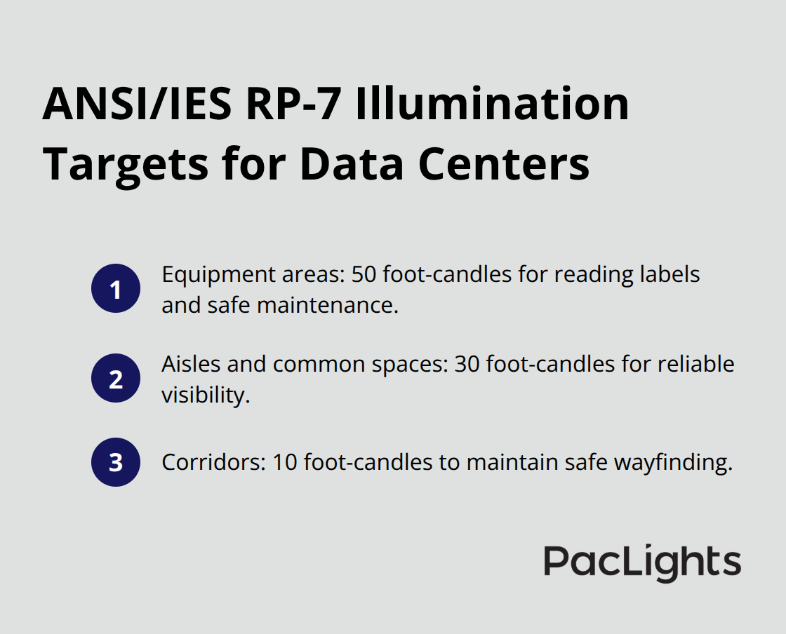 Three target light levels by zone: equipment, aisles, and corridors.