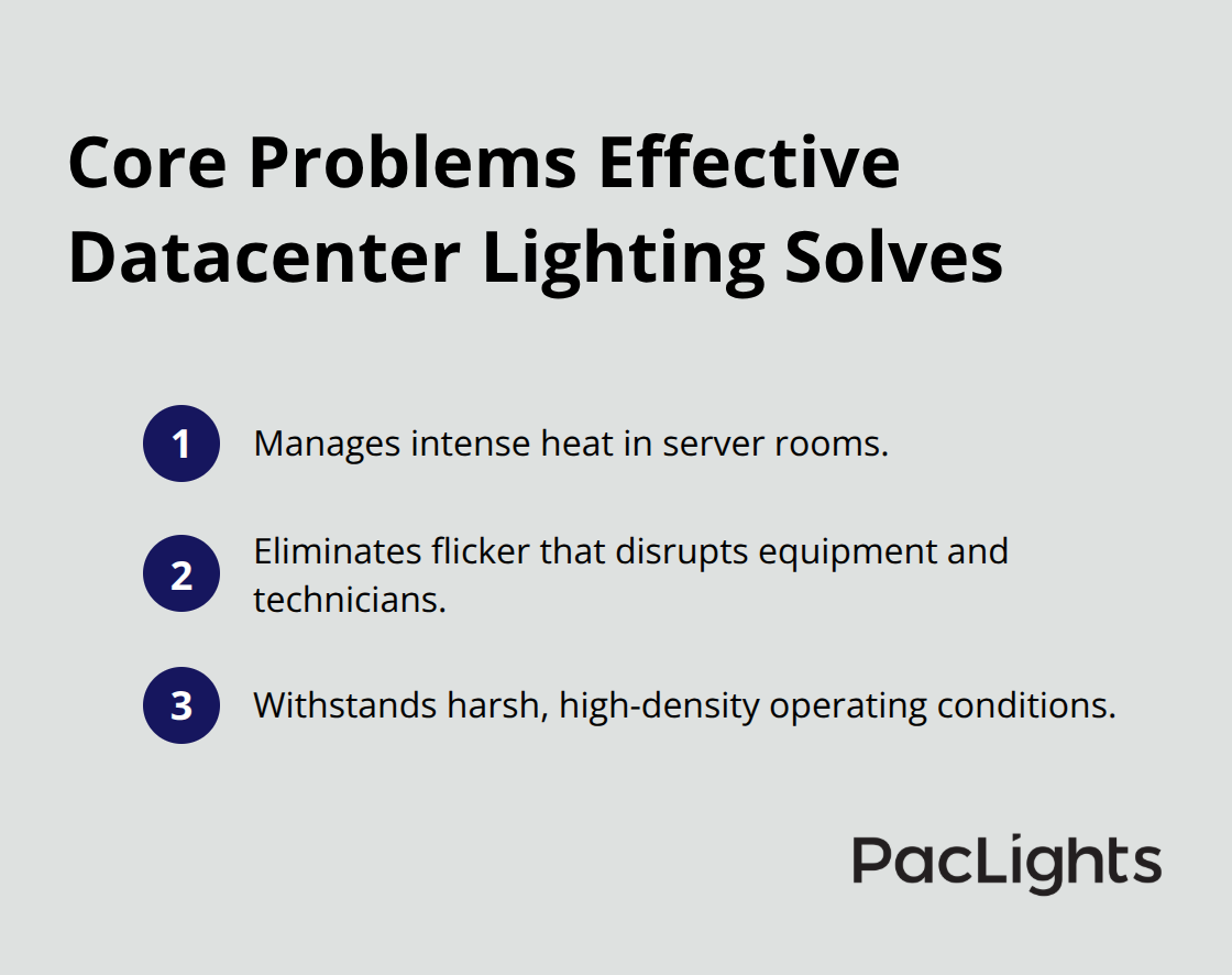 Three key challenges addressed by datacenter lighting: heat, flicker, and durability. - datacenter safety lighting