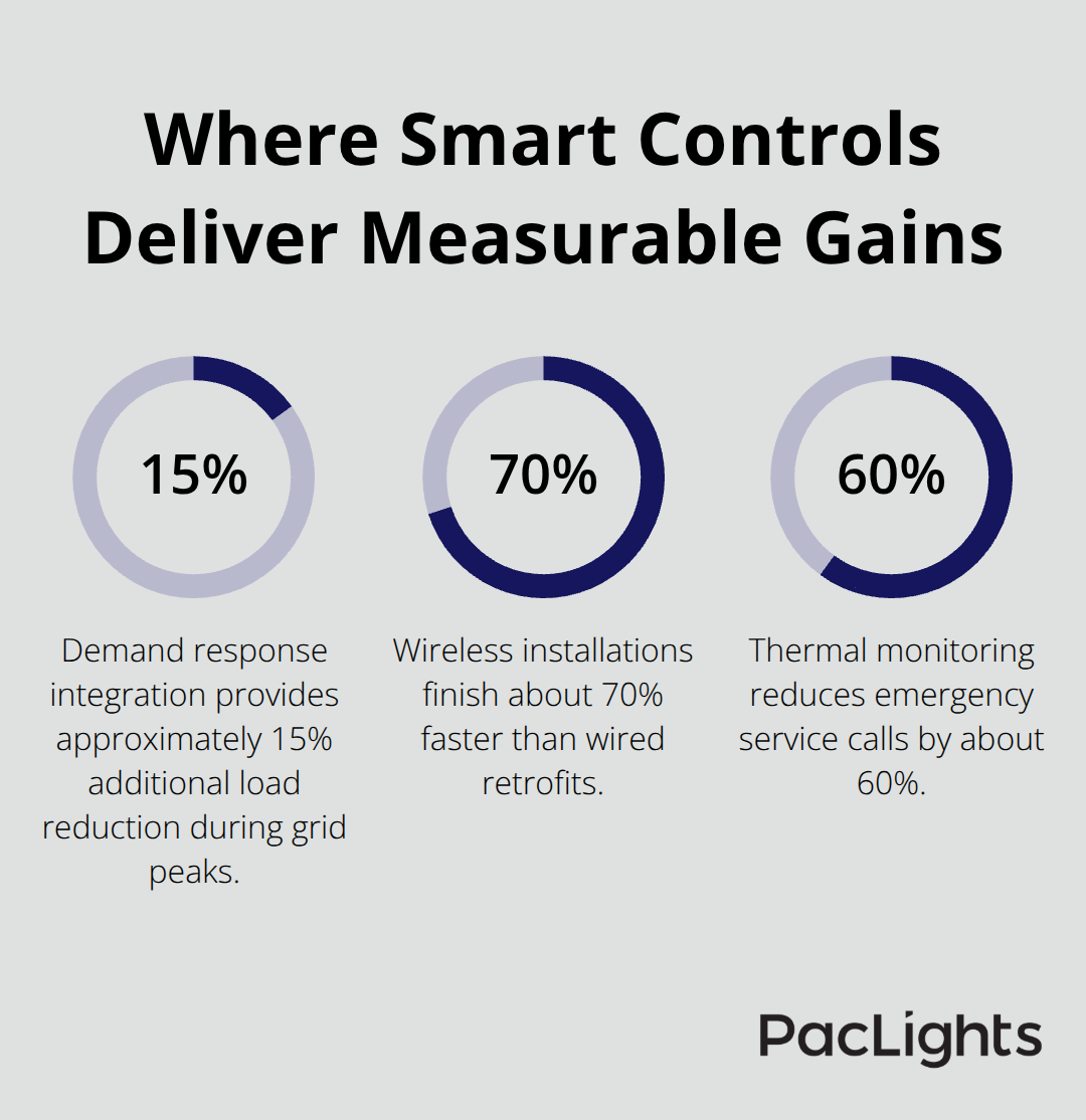 Chart highlighting 15% demand response load reduction, 70% faster wireless installs, and about 60% fewer emergency service calls. - datacenter smart lighting