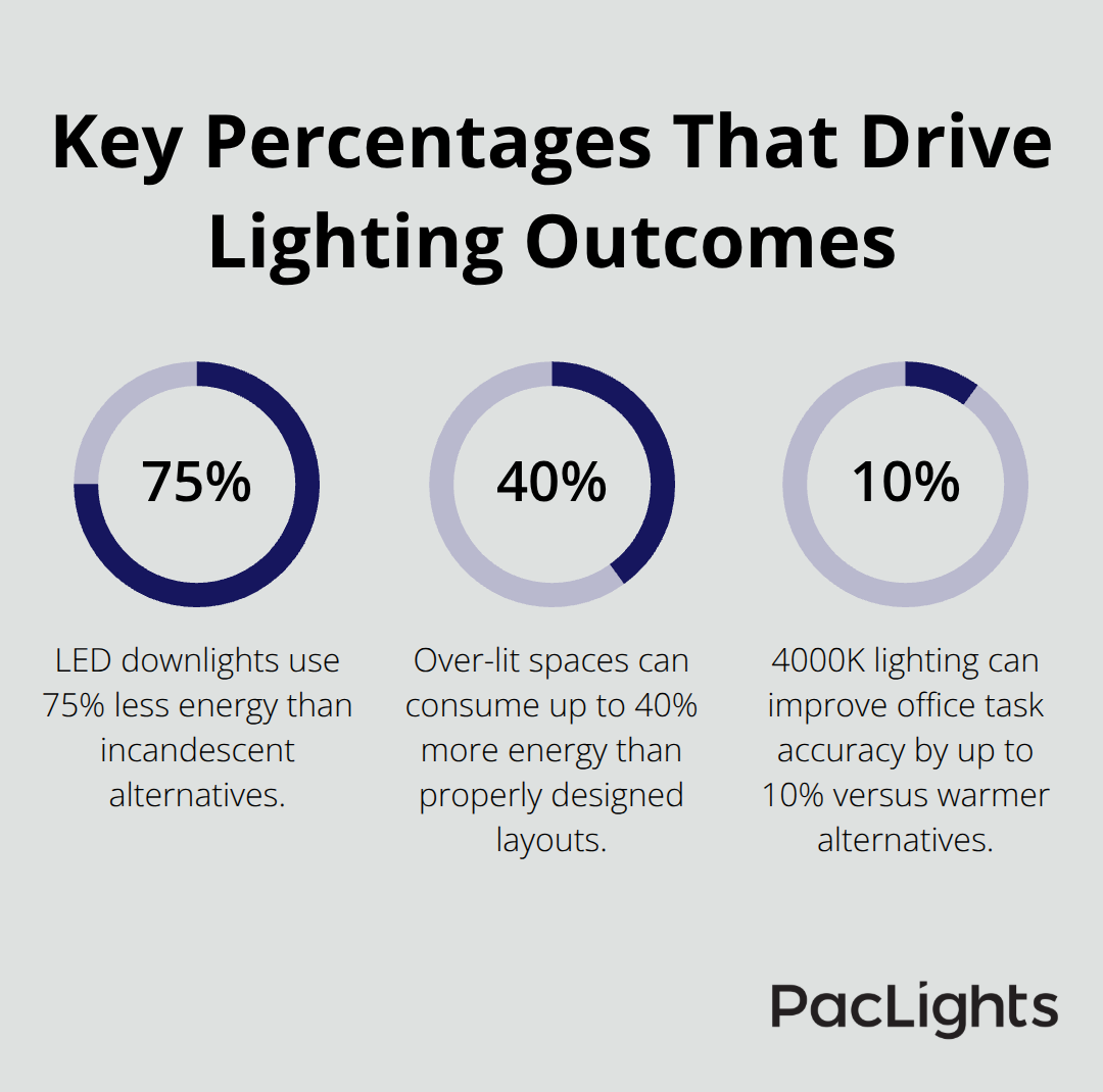 Three critical lighting percentages for U.S. commercial facilities: LED energy savings, over-lighting penalties, and task accuracy gains. - downlights for commercial spaces