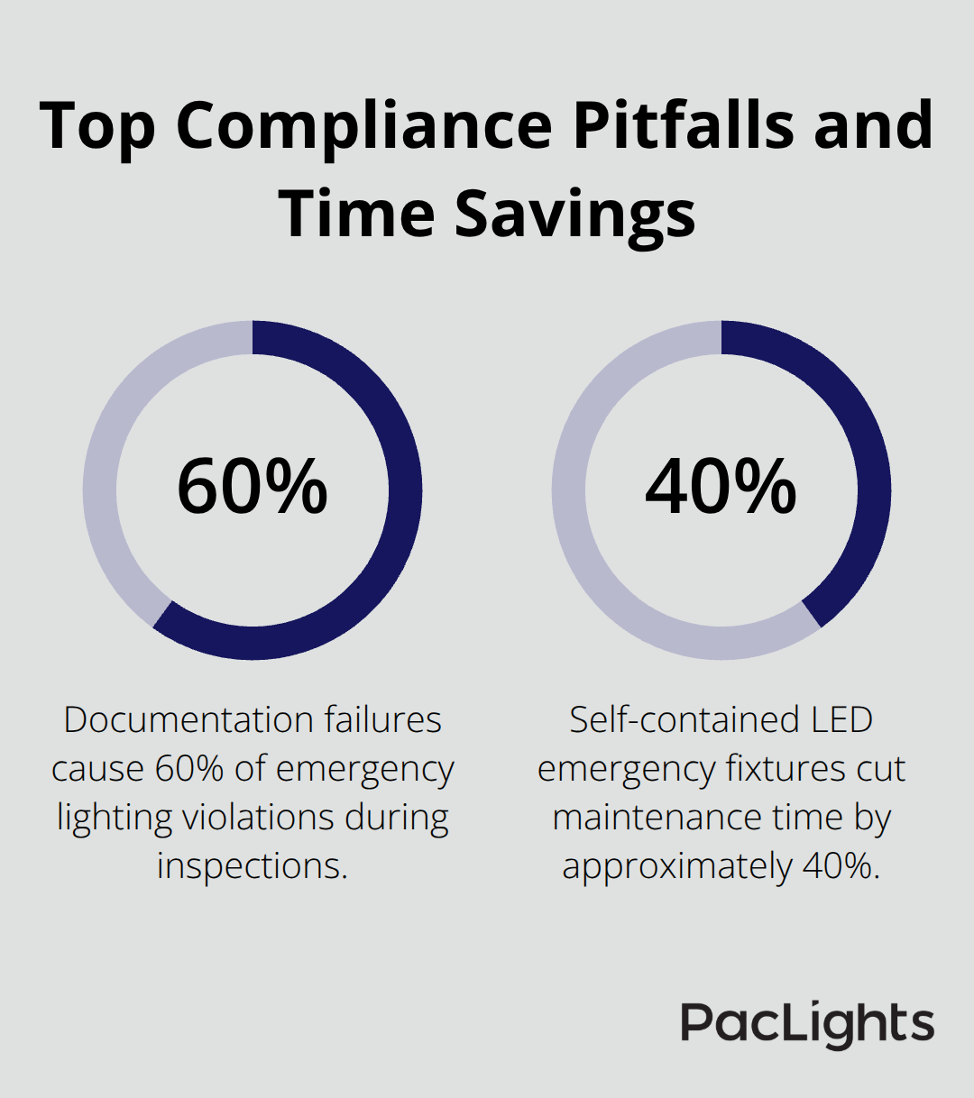 Percentages showing documentation violations and maintenance time reductions - egress lighting