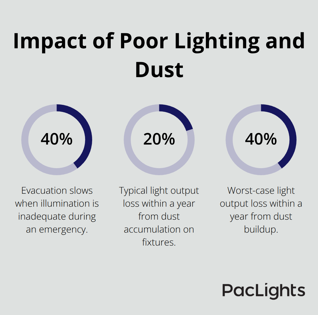 Chart quantifying evacuation slowdown and light loss due to inadequate lighting and dust.
