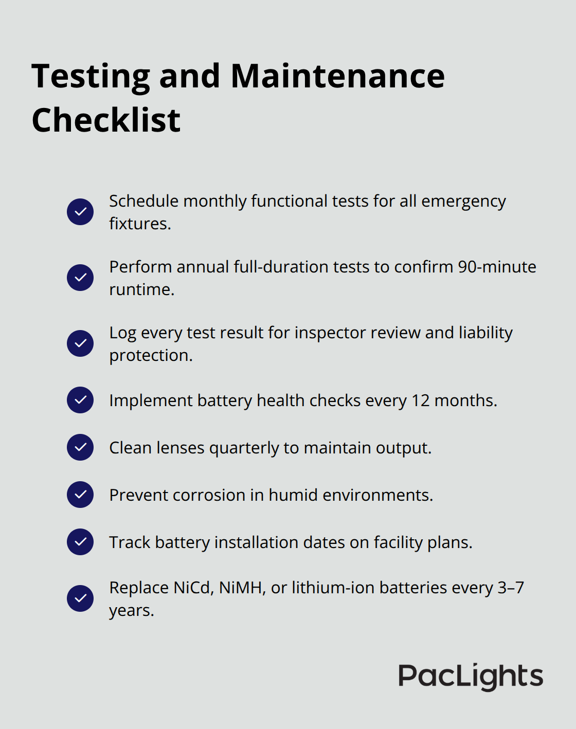 Checklist of NFPA 101 testing tasks and preventive maintenance for emergency lighting - emergency exit lighting