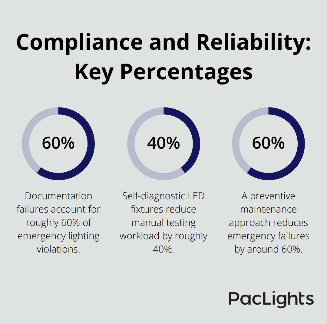 Percentage chart showing documentation-related violations, workload reduction, and failure reduction for emergency lighting in U.S. data centers