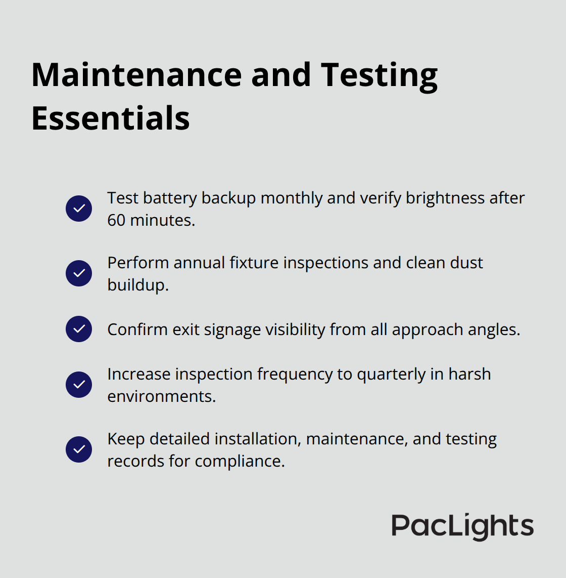 Checklist of core maintenance and testing actions for emergency lighting systems - emergency wall light