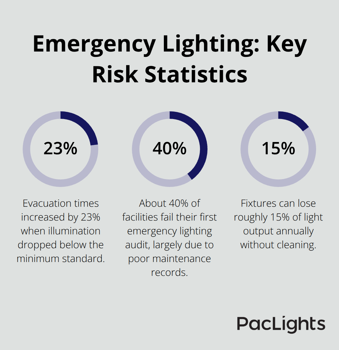 Three statistics highlighting evacuation delays, audit failure rates, and annual light loss in U.S. facilities. - Emergency wall lights code compliance