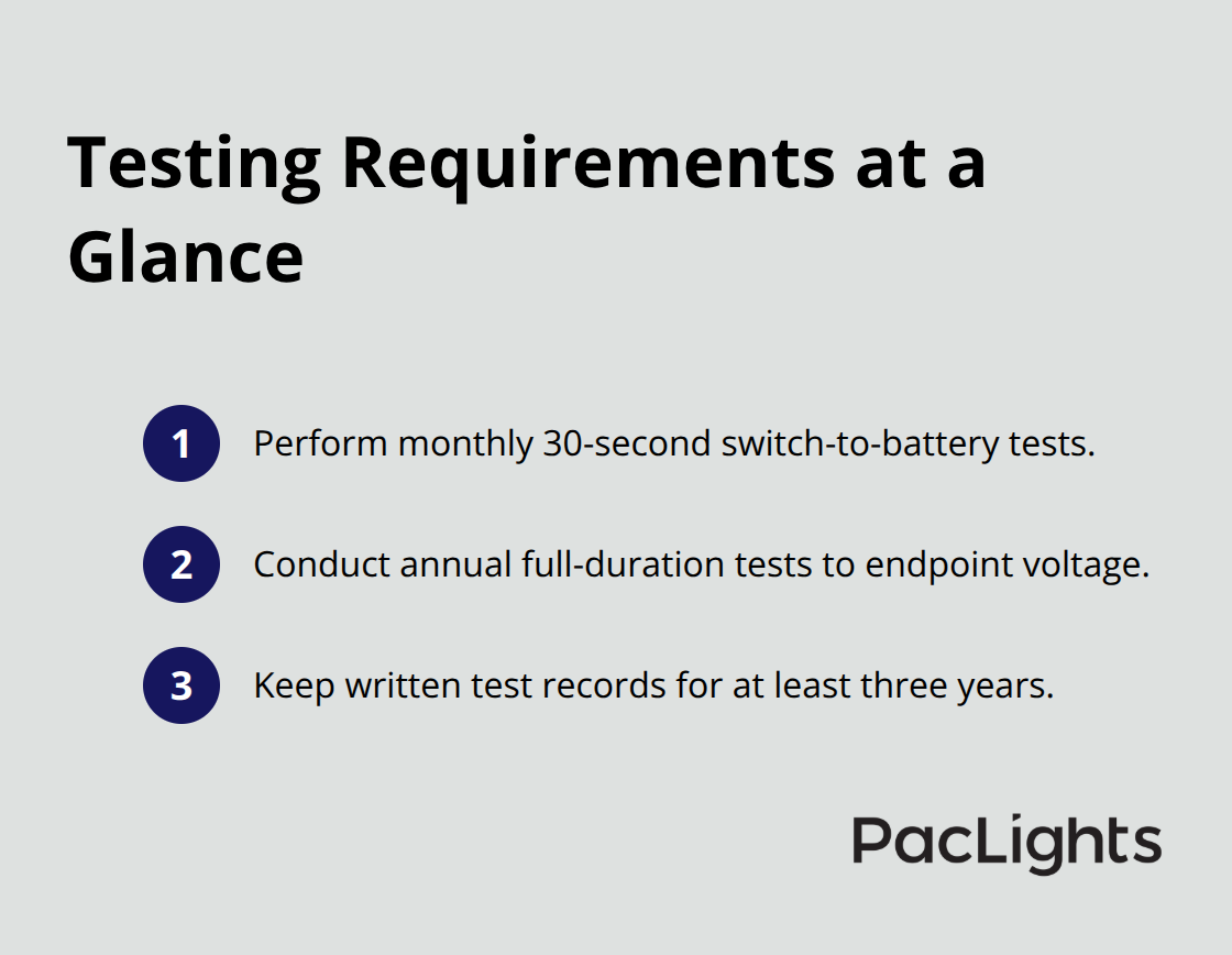 Compact checklist of monthly, annual, and recordkeeping requirements for emergency lighting systems.