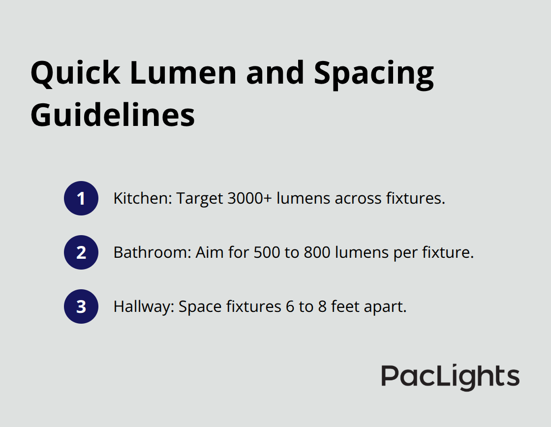 Compact list of lumen targets and spacing for kitchens, bathrooms, and hallways.