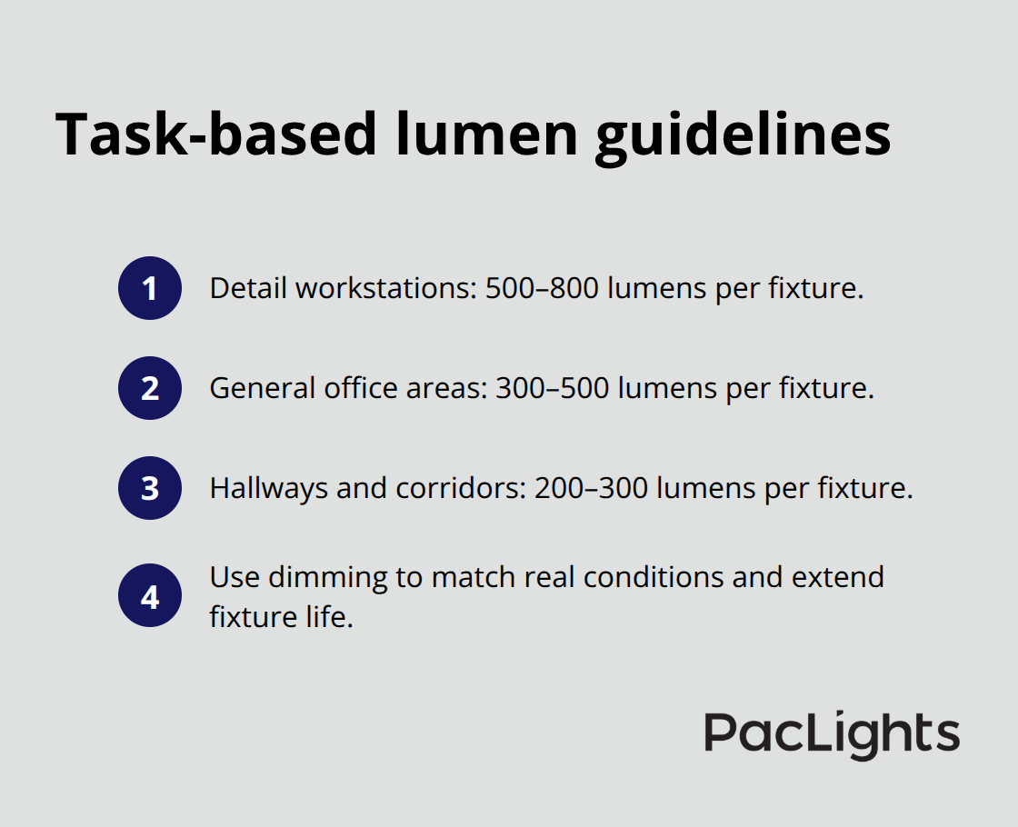 Compact list of recommended lumens by area for commercial downlights. - flush mount downlight