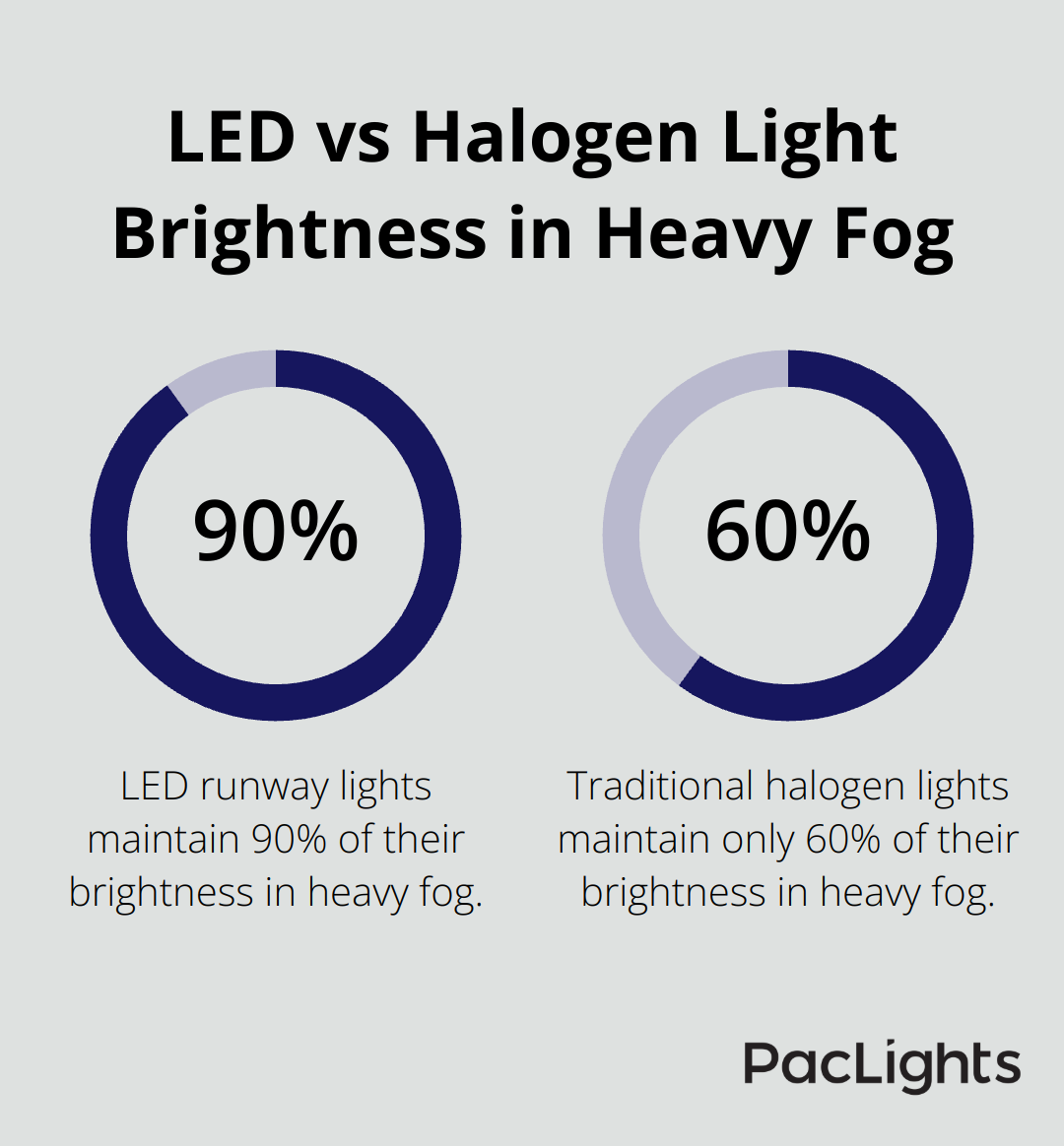 Chart comparing brightness maintenance of LED runway lights (90%) to traditional halogen lights (60%) in heavy fog conditions - led airport lighting