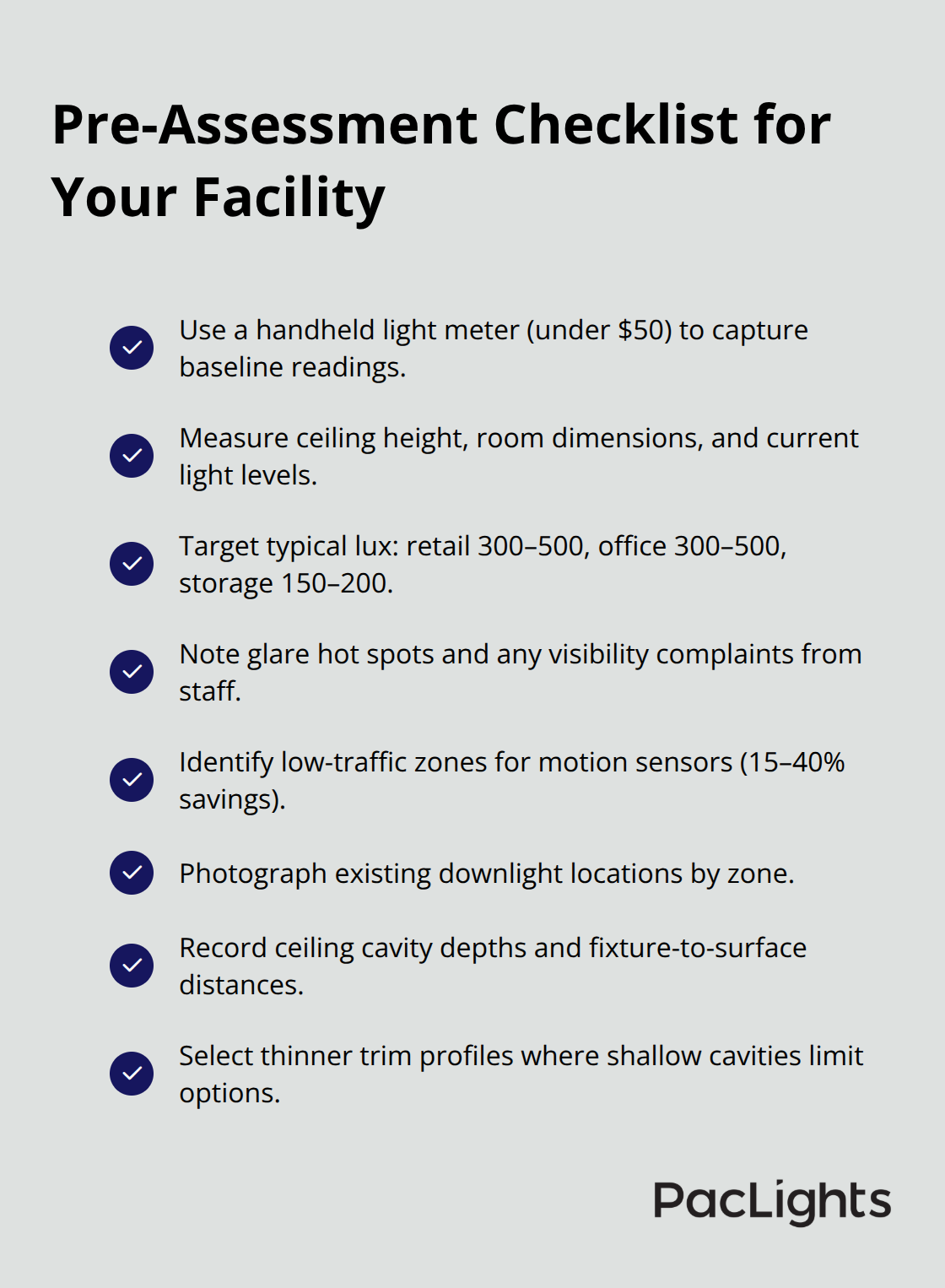 Checklist of quick measurements and observations before selecting LED downlights.