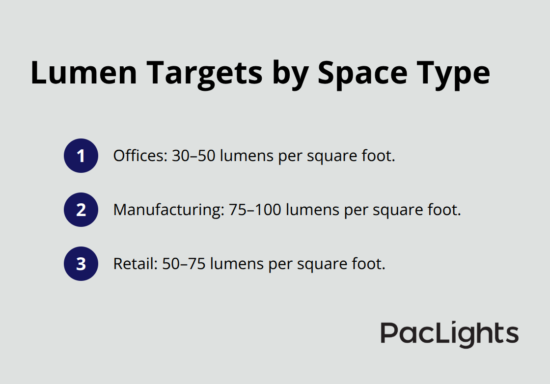 Quick reference for recommended lumens per square foot in U.S. offices, manufacturing, and retail spaces.