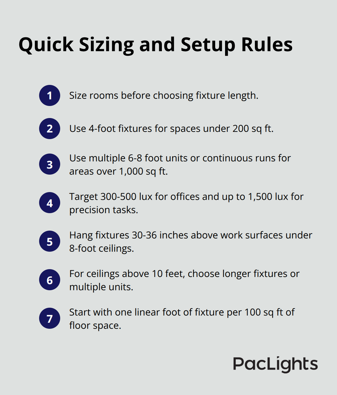 Compact checklist of room size, lux levels, and mounting height rules for linear LED fixtures - linear led suspension lighting