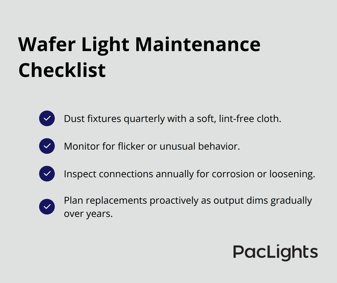Checklist of simple maintenance steps to keep wafer lighting performing well. - low profile wafer lighting