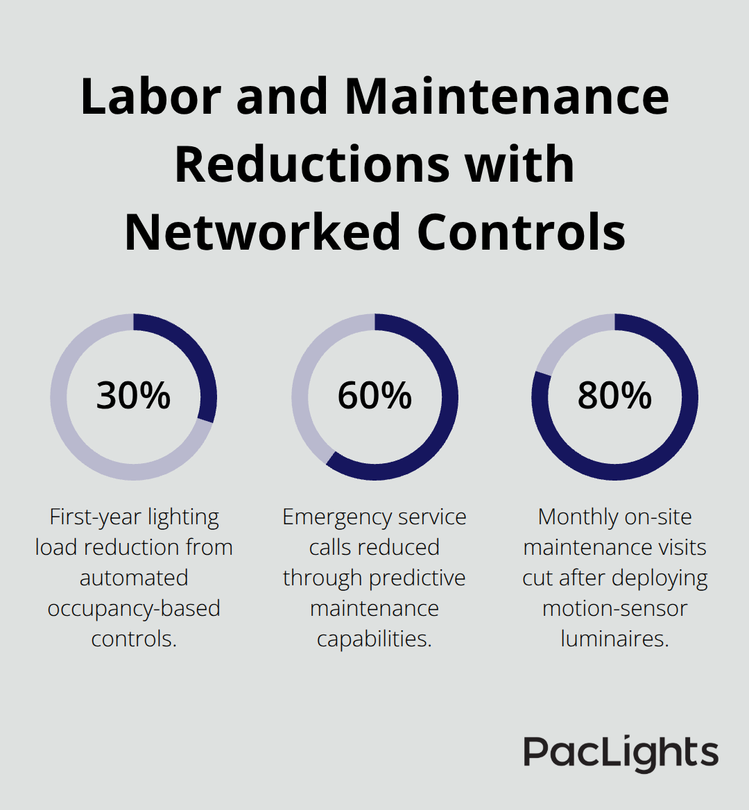 Chart highlighting 30% lighting load reduction, 60% fewer emergency service calls, and 80% fewer maintenance visits.