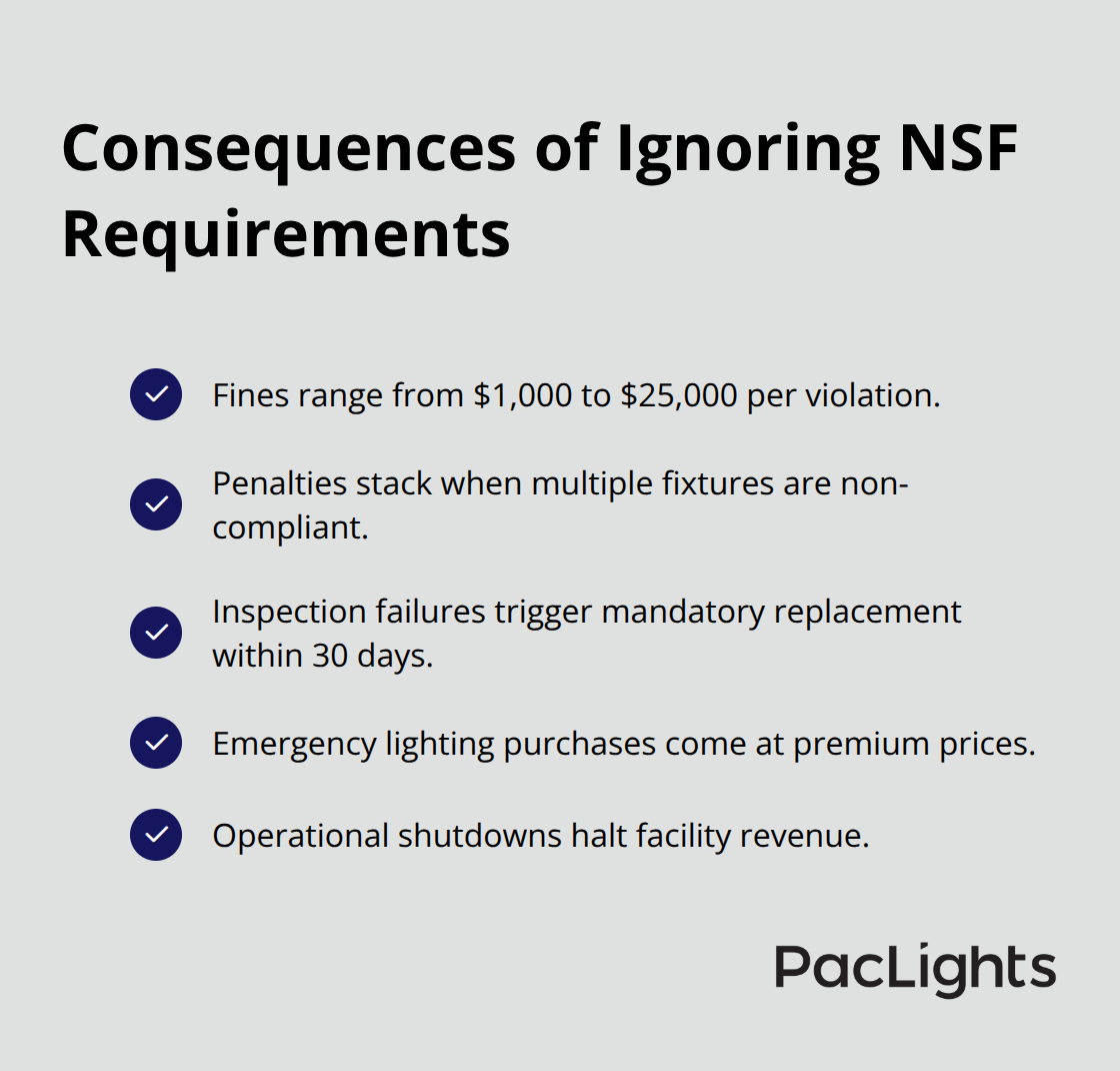 Checklist of penalties and operational risks for using non-certified fixtures in U.S. facilities